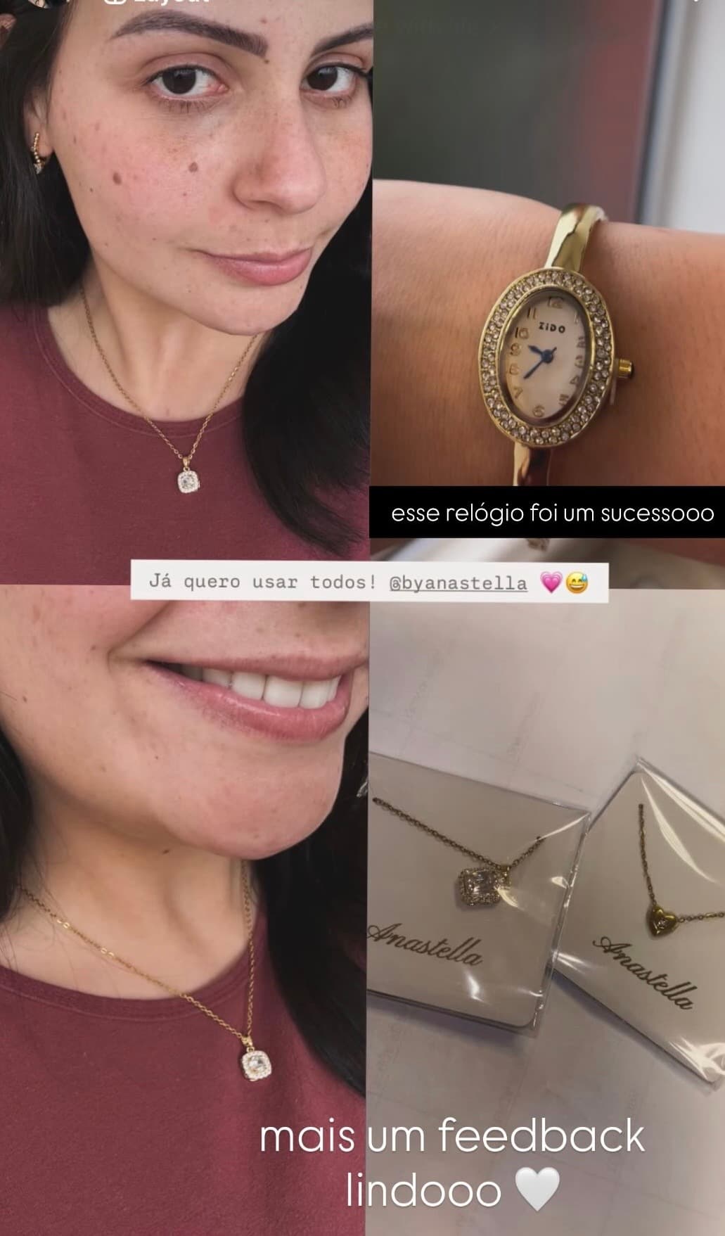 Cliente Anastella mostrando relógio e colar recebidos, com o comentário 'já quero usar todos'