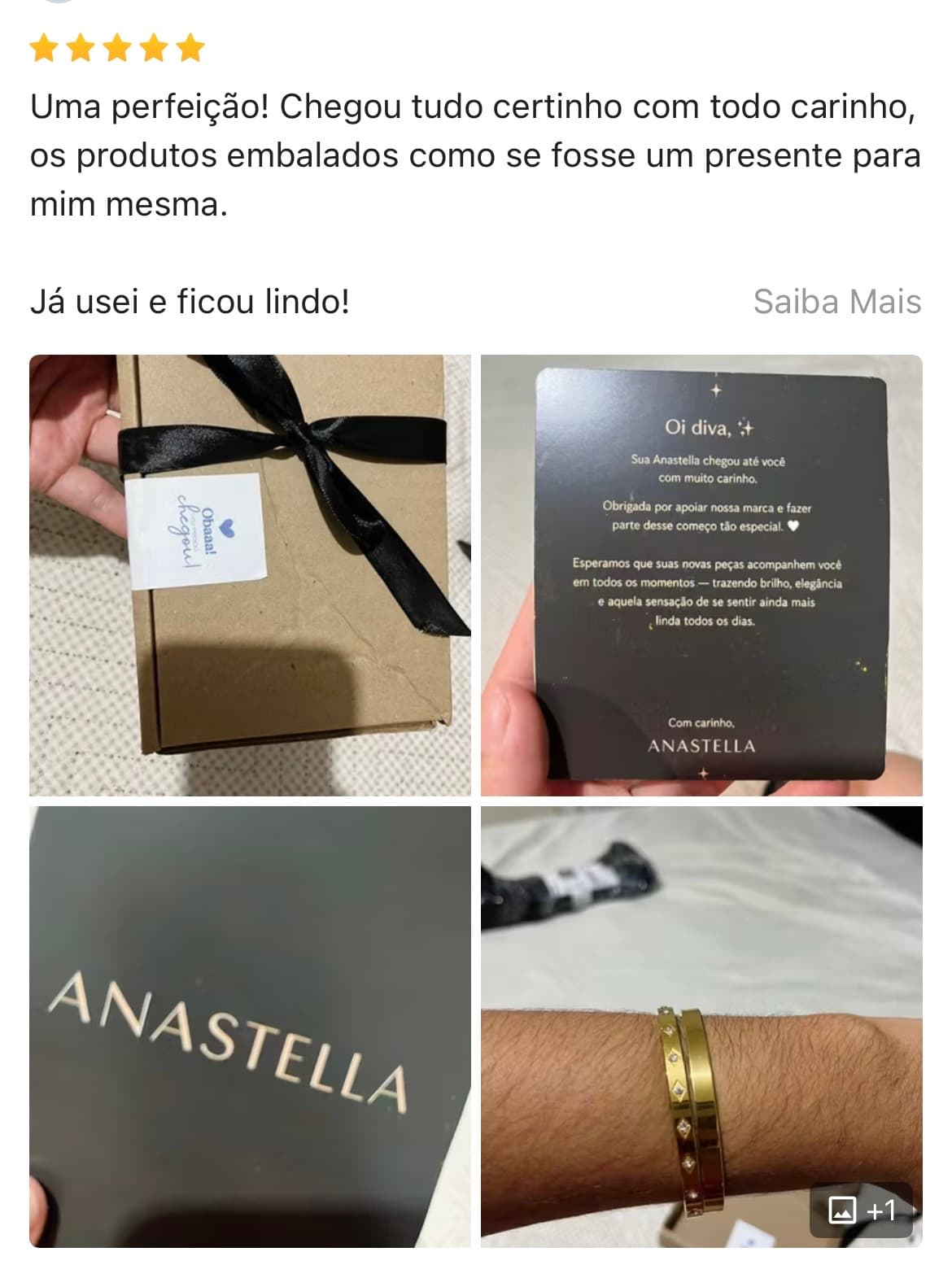 Avaliação 5 estrelas na Shopee com fotos da embalagem Anastella
